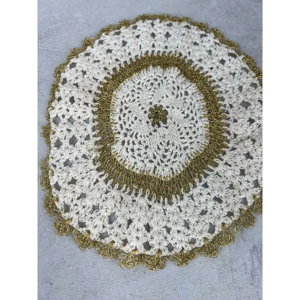 Vintage White & Gold Wire Handmade Round‎ Crochet Dining Table Doily - Lot of 2